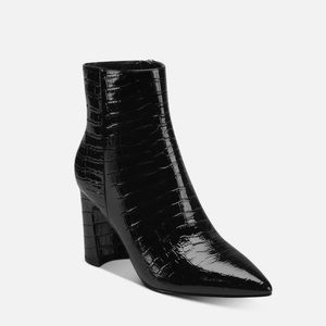 Marc Fisher Black Crocodile Daith Toe Block Heel Leather Booties